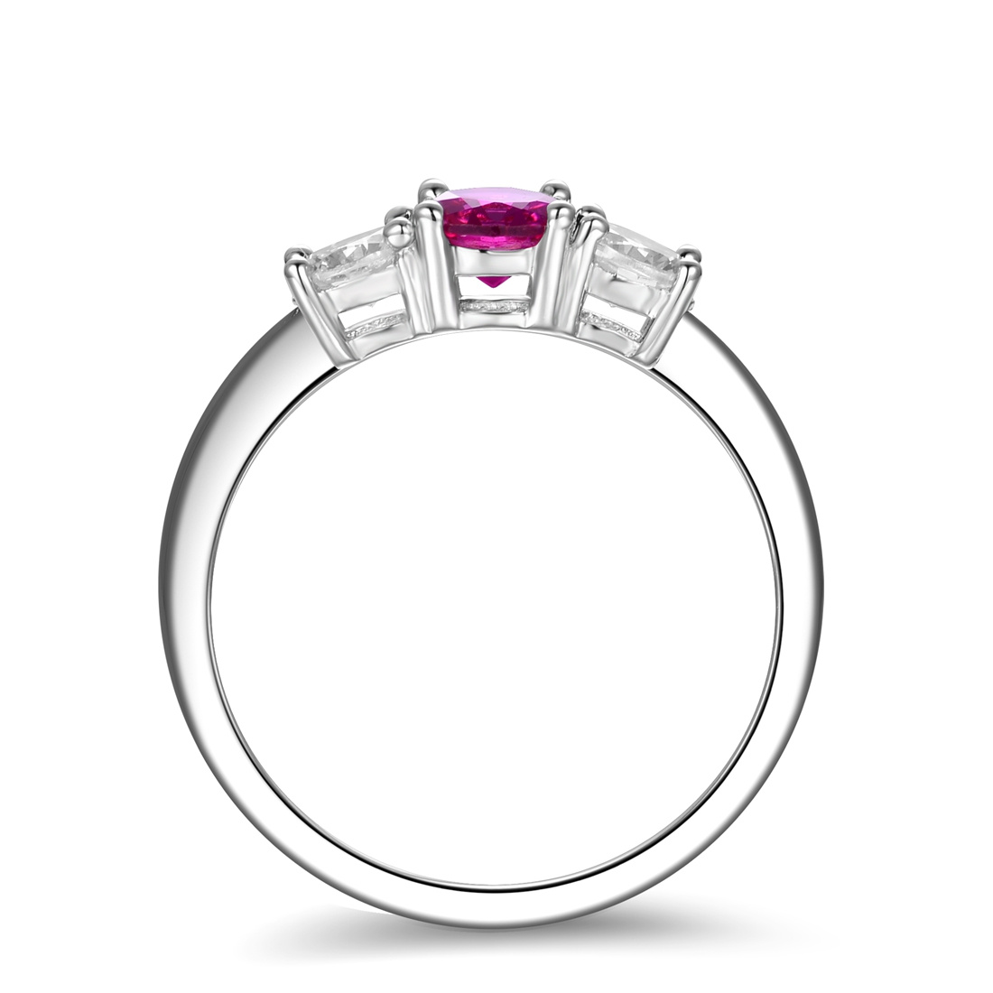 Ladies Sterling Silver Synthetic Ruby & Zircon 3 Stone Ring